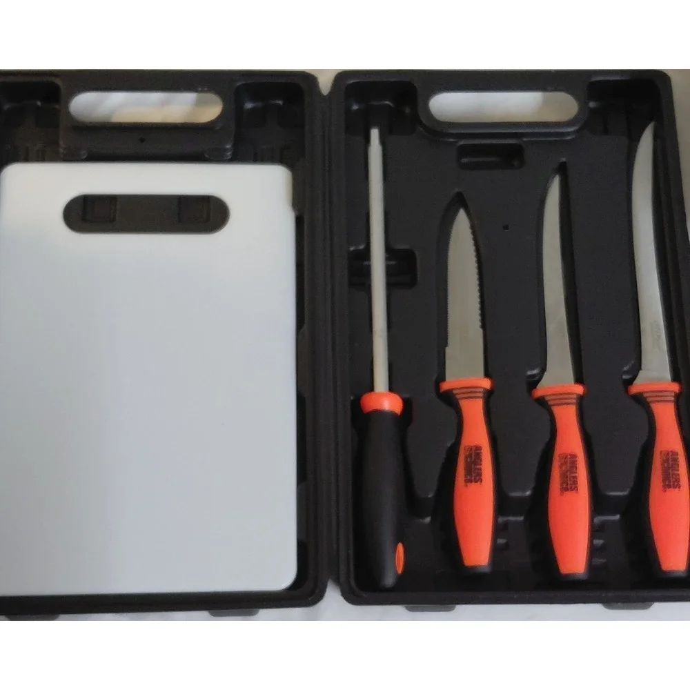 Anglers Choice 5 Piece Fillet Knife Set Cutting Board Sharpener Carry Case NEW